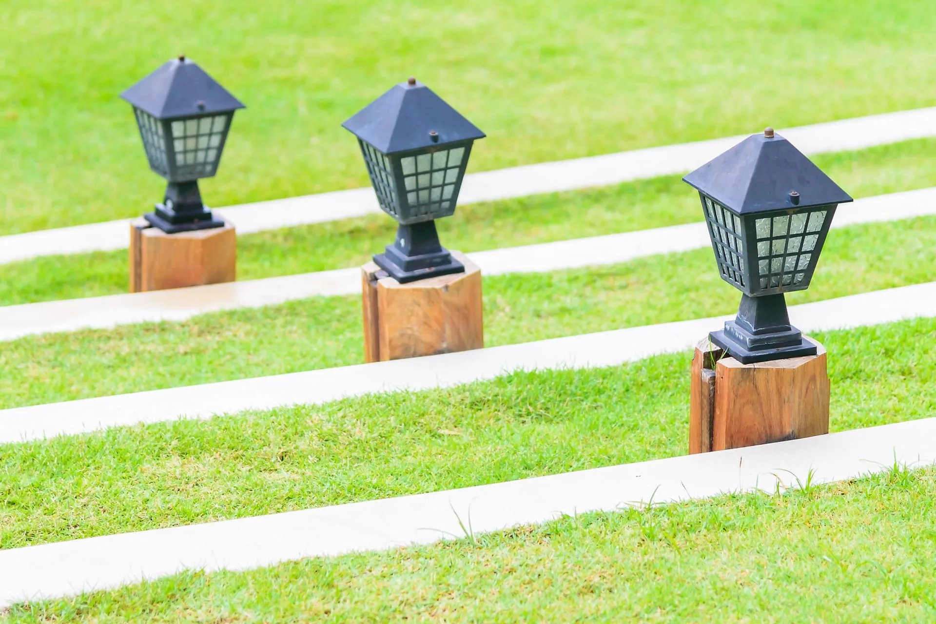 Solar pathway and garden lights along a stone walkway