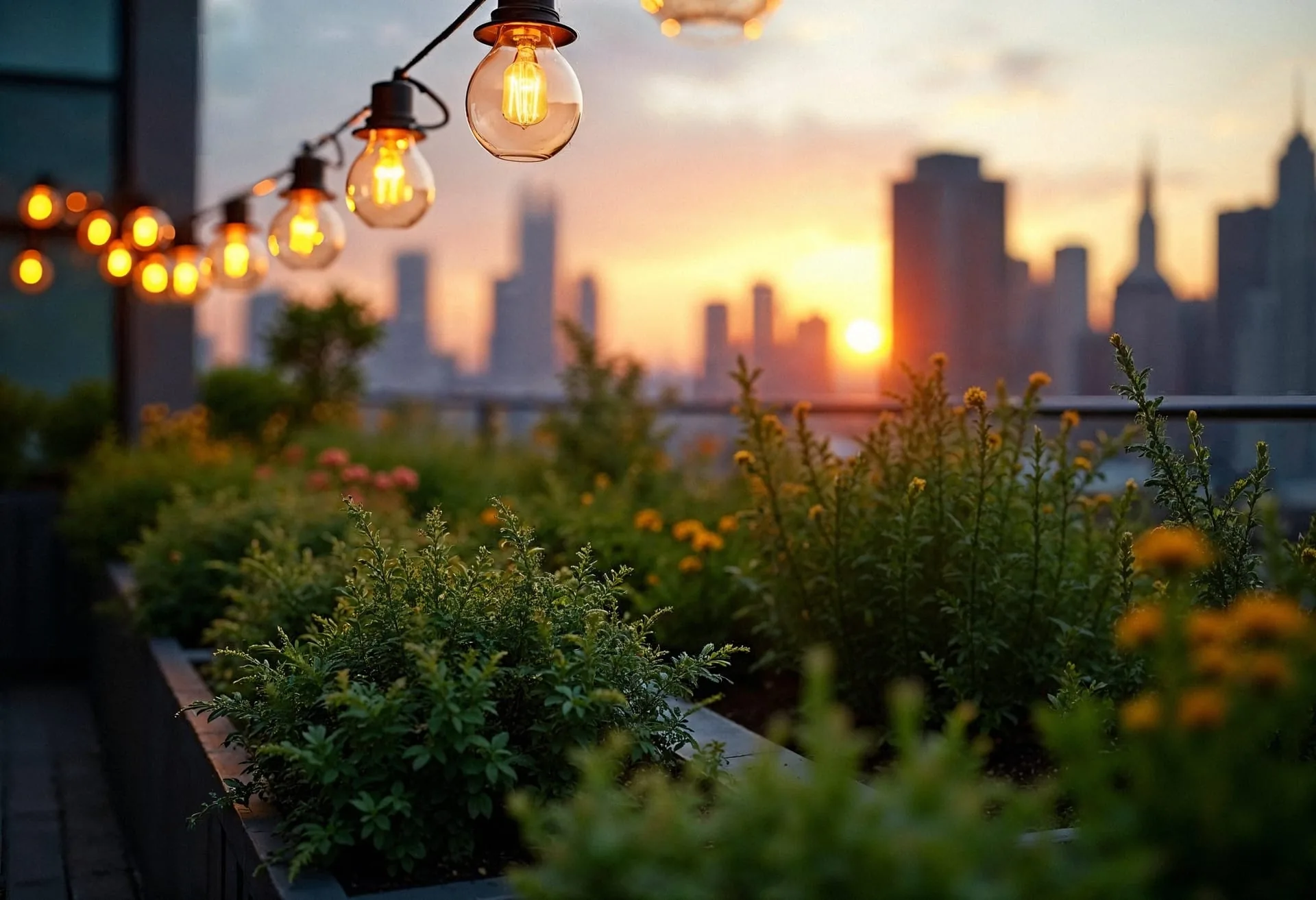 Solar garden lights glowing softly along a path at dusk